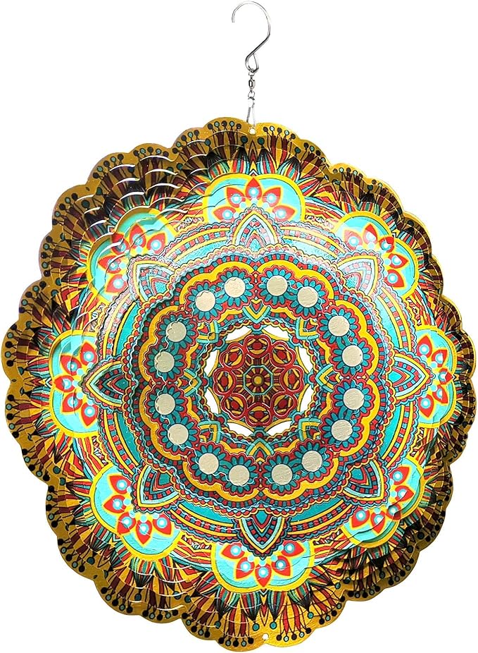 HS's Creation Hanging Wind Spinner 19 Guage 3D Metal 12 Inch for Garden Patio Outdoor Indoor Lawn Decoration Ornaments Gifts with Swivel Hooks Gift Weather Resistant Lucky Flower Gold Wind Spinners