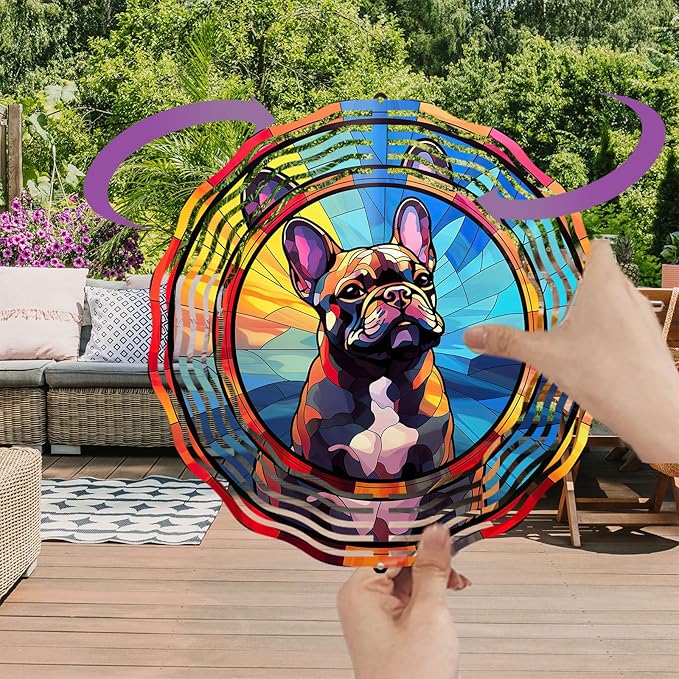 French Bulldog Wind Spinner Pet Dog Memorial Gifts, Vibrant 3D Kinetic Metal Hanging Outdoor Garden Decor, Frenchie Gifts for Dog Lovers, 8" Wind Sculptures for Patio, Porch, Yard Art (Frenchie 7)