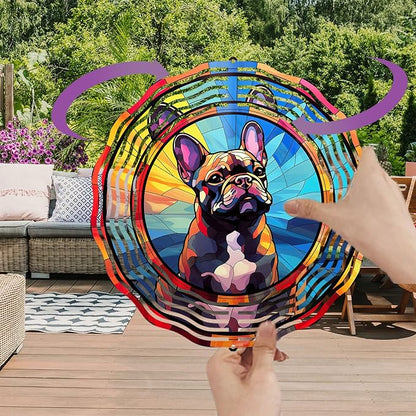 French Bulldog Wind Spinner Pet Dog Memorial Gifts, Vibrant 3D Kinetic Metal Hanging Outdoor Garden Decor, Frenchie Gifts for Dog Lovers, 8" Wind Sculptures for Patio, Porch, Yard Art (Frenchie 7)