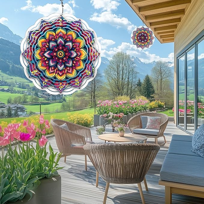 Wind Spinners Outdoor, Hanging Wind Spinner for Garden Decoration, 8 inch 3D Stainless Steel Metal Wind Sculpture for Indoor/Outdoor Decor, Mandala Lucky Star