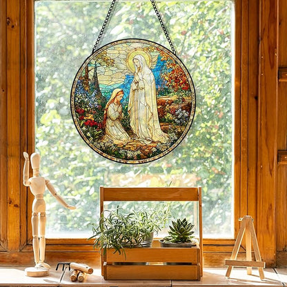 Virgin Mary Religious Suncatcher Garden Stained Glass Window Hanging, Our Lady of Grace Sun Catchers Indoor Window Glass Round Wall Decor, Religious Wall Art Hanging Decorations, ＂7.8x7.8＂