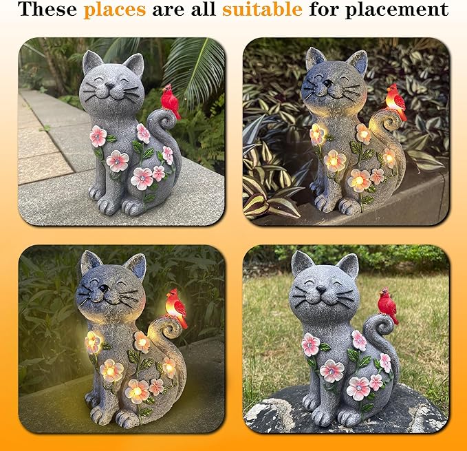 Solar Cat Garden Statue with LED Lights, Waterproof Resin Cat Figurine with Red Bird, Outdoor Decor for Patio, Lawn, Yard, Balcony, – Gift for Mom, Grandma & Cat Lovers