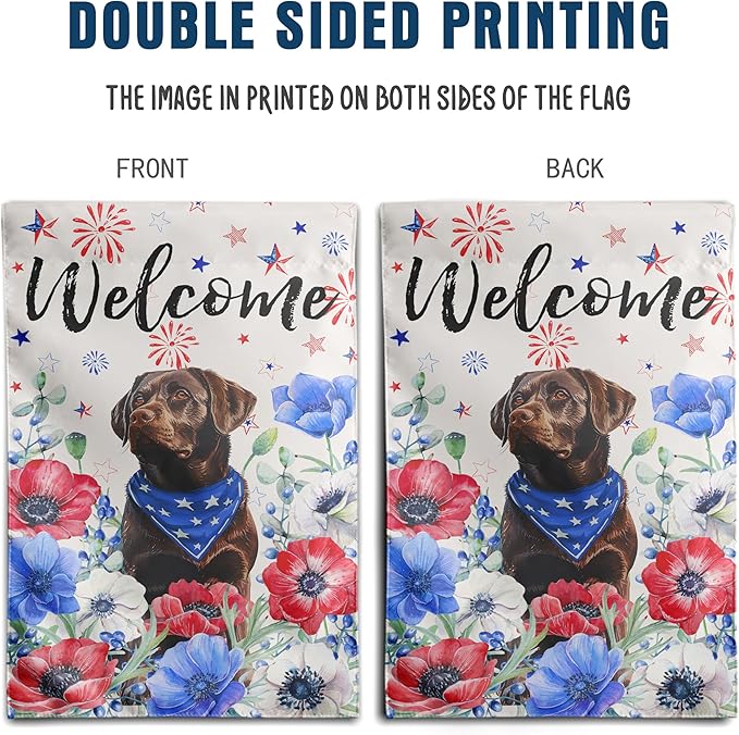 4th of July Chocolate Lab Garden Flag Red White Blue Floral Labrador Dog Yard Flags Small Memorial Independence Day Banner 12x18 Double Sided for Outside Outdoor Patriotic Decor