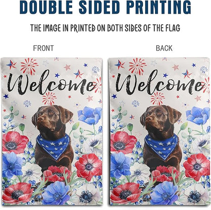 4th of July Chocolate Lab Garden Flag Red White Blue Floral Labrador Dog Yard Flags Small Memorial Independence Day Banner 12x18 Double Sided for Outside Outdoor Patriotic Decor