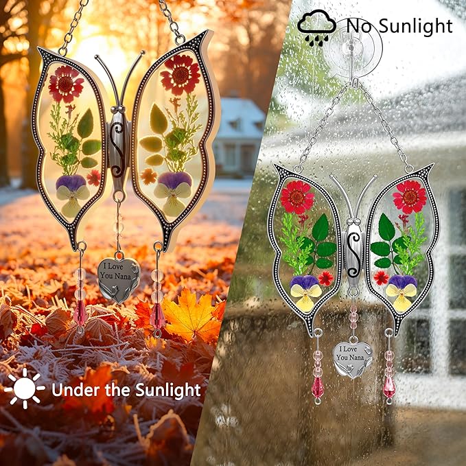 KY&BOSAM Metal Clip Glass Butterfly Suncatcher with I Love You Nana Engraved Tag Real Preserved Dried Flower Window Hanging Ornament Garden Home Wall Decor Mother's Day Birthday Gift for Mom Nana