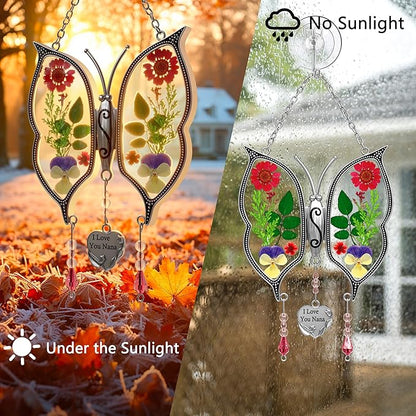 KY&BOSAM Metal Clip Glass Butterfly Suncatcher with I Love You Nana Engraved Tag Real Preserved Dried Flower Window Hanging Ornament Garden Home Wall Decor Mother's Day Birthday Gift for Mom Nana