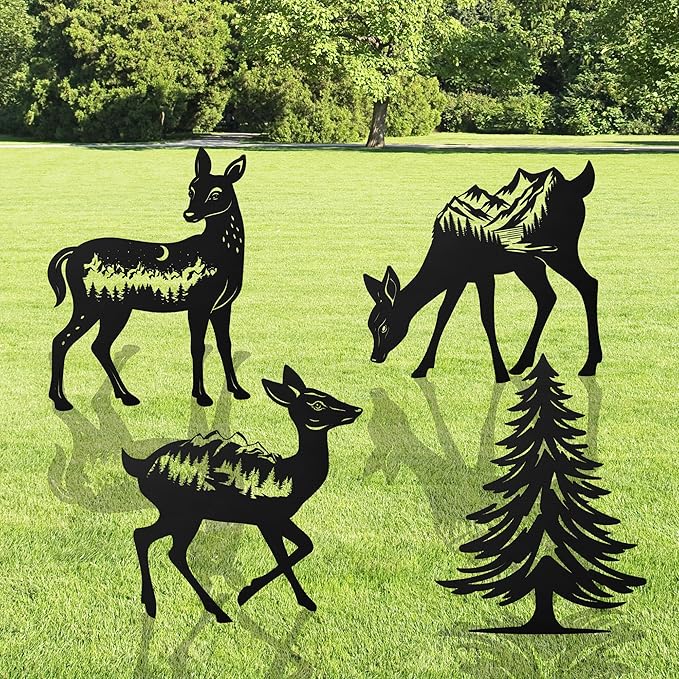 Romart Deer and Pine Tree Decorative Garden Stakes, 4 Pcs Forest Silhouette Metal Garden Stakes for Outdoor Yard Lawn Decor, Christmas for Nature Lovers