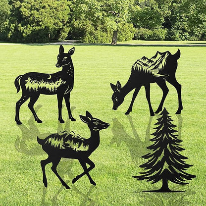 Romart Deer and Pine Tree Decorative Garden Stakes, 4 Pcs Forest Silhouette Metal Garden Stakes for Outdoor Yard Lawn Decor, Christmas for Nature Lovers