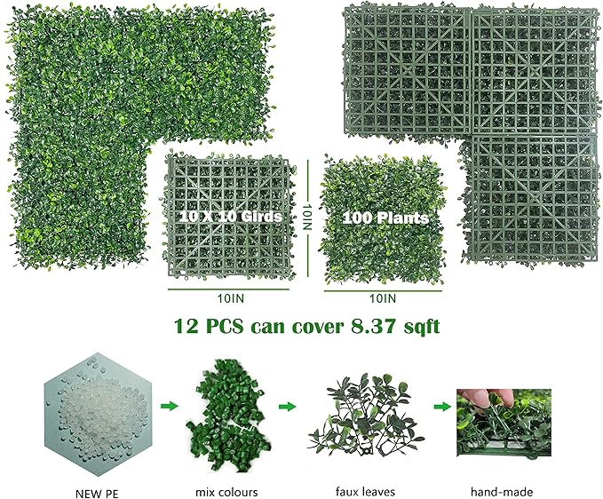 Bybeton Artificial Grass Wall Panel,10"x 10"(12Pcs) Boxwood Faux Green Wall Panels for Interior Wall, Backdrop Wall,Garden Wall and Indoor Outdoor Plant Wall Decor
