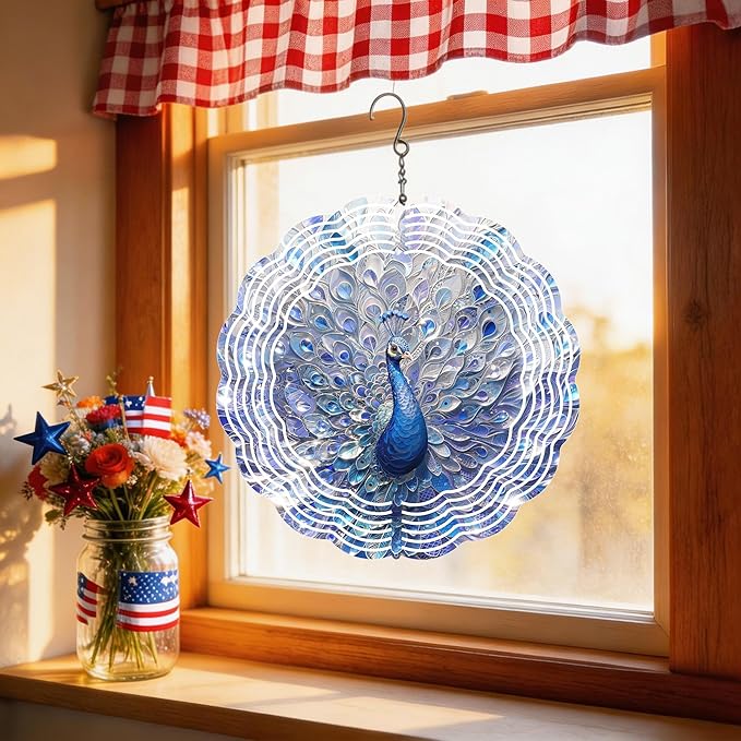 Wind Spinners Blue Peacock Feather Art 9.8 x 9.8 Inch Metal Wind Spinner Outdoor Garden Decor Elegant Bird Illustration Decorative Wind Spinners for Yard Patio