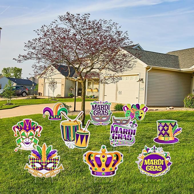 10 Pieces Mardi Gras Decorations Outdoor Yard Garden Porch Sign - Large Festive Mask, Jester, Crown, Drum, and Hat Masquerade Design Signs with Stakes for Outside Carnival Patio Pathway Lawn Decor