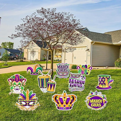 10 Pieces Mardi Gras Decorations Outdoor Yard Garden Porch Sign - Large Festive Mask, Jester, Crown, Drum, and Hat Masquerade Design Signs with Stakes for Outside Carnival Patio Pathway Lawn Decor