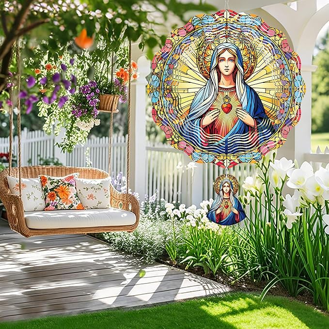 Hanging Wind Spinners Outdoor, 3D Kinetic Metal Wind Spinner with Virgin Mary Sacred Heart Design for Garden Yard Decor, Catholic Gifts for Women Sympathy Memorial