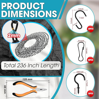 [Upgraded] 236” Black Electroplated Steel Hanging Chain with S-Hooks, Snap Hooks, Ceiling Hooks & Pliers, 33LBS Load Bearing, Adjustable Length for Hanging Bird Feeders, Planters, Lanterns, Billboards