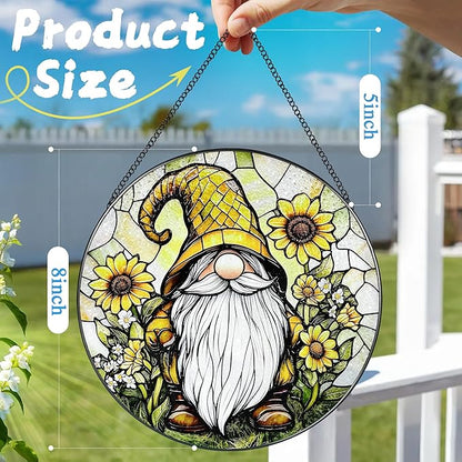 8″ Stained Glass Window Hanging Ornament, Sunflower Gnome Stained Glass Suncatcher Ornament, Sun-Catcher Window Decor | Christmas & Birthday Gifts, Festival Gifts | Gift for Her