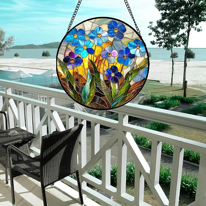 Stained Glass Window Hanging - Blue Wildflower Plant Flowers Sun Catcher for Door Garden Home Decor Suncatcher Christmas Mother's Day Birthday Gifts for Women Men Mom Nana 11.8 in