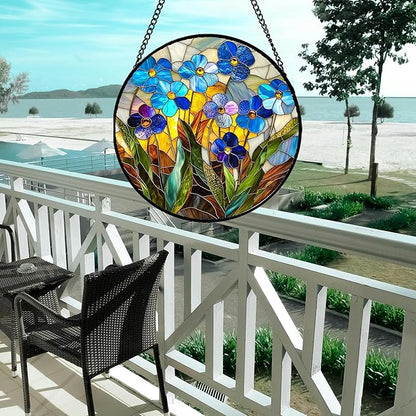 Stained Glass Window Hanging - Blue Wildflower Plant Flowers Sun Catcher for Door Garden Home Decor Suncatcher Christmas Mother's Day Birthday Gifts for Women Men Mom Nana 9.8 in