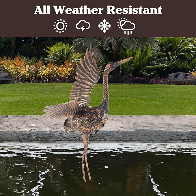 Pure Garden Flying Crane Garden Statue - 35-Inch-Tall Metal Yard Art Crane Statues for Outdoor Decor - Yard Crane Garden Sculptures & Figurines - Lawn Ornaments for Patio, Pond, or Backyard