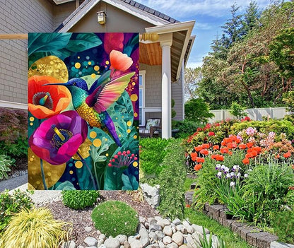 Hummingbird Floral Welcome House Flag 28x40 Inch Double Sided for Outside, Spring Summer Garden Decor for Patio Lawn