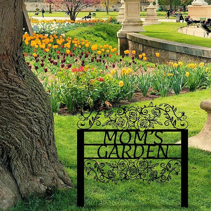 Custom Metal Garden Sign with Flowers, Personalized Garden Metal Stake with Rose, Flower Garden Name Decor, Custom sign for Outside, Customized Gardening Decoration, Yard Art, Gift for Mom, Grandmom