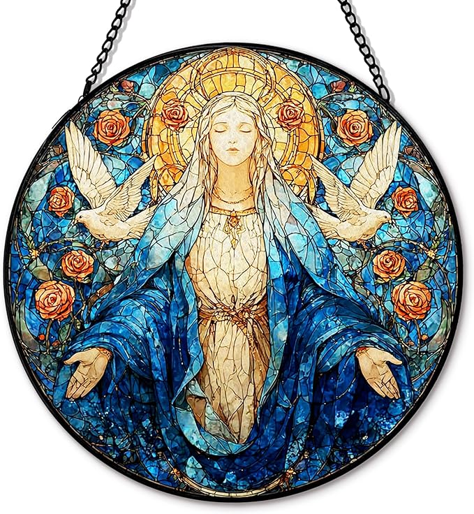 Virgin Christian Mary Suncatcher Stained Glass Window Hanging, Our Lady of Grace Sun Catchers Indoor Window Glass Round Wall Decor, Religious Flower Wall Art Hanging Decorations, ＂7.8x7.8＂