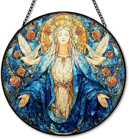 Virgin Christian Mary Suncatcher Stained Glass Window Hanging, Our Lady of Grace Sun Catchers Indoor Window Glass Round Wall Decor, Religious Flower Wall Art Hanging Decorations, ＂7.8x7.8＂
