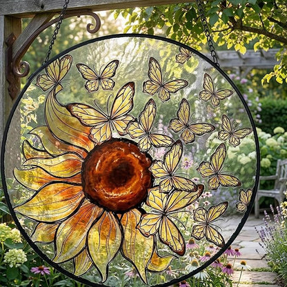 Sunflower Suncatcher Butterfly Stained Glass Suncatchers 7.87 Inch Stained Glass Ornament for Home Decor Indoor Wall Art for Mother Women Friends