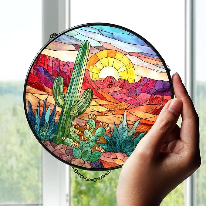7.8" Cactus Suncatcher Stained Glass Window Hanging Green Plant Sun Catchers Desert Landscape Ornament Wall Art Door Terrace Garden Home Decor Birthday for Women Men Mom