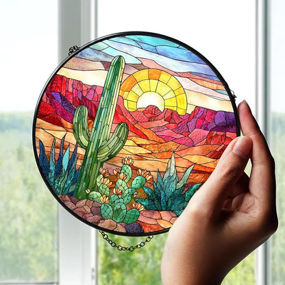 7.8" Cactus Suncatcher Stained Glass Window Hanging Green Plant Sun Catchers Desert Landscape Ornament Wall Art Door Terrace Garden Home Decor Birthday for Women Men Mom