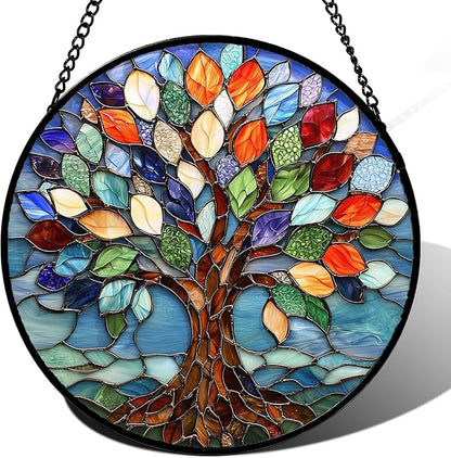 DASTOLL Stained Glass Window Hanging, Colorful Tree of Life Sun Catchers Glass Panel Blue Suncatcher Decor for Birthday for Women, Men, Wife, Aunt, and Mom 14.9x14.9 in