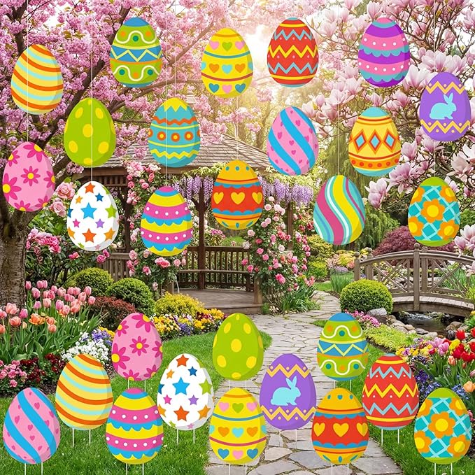Yuntau 28 Pcs Easter Decorations Outdoor Easter Eggs Yard Signs Hanging Ornaments for Tree Outdoor Lawn Decoration Colorful Egg Lawns Sign for Garden Lawn Porch Home