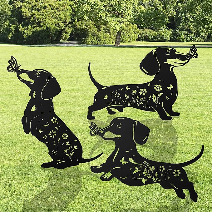 Romart Dachshund Decorative Garden Stakes, 3 Pcs Wiener Dog Gifts Metal Garden Stakes for Women Men, Dachshund Butterfly Flower Outdoor Yard Art Lawn Decor