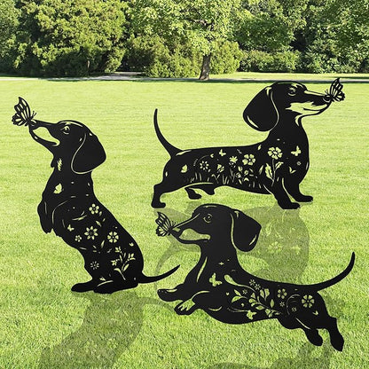Romart Dachshund Decorative Garden Stakes, 3 Pcs Wiener Dog Gifts Metal Garden Stakes for Women Men, Dachshund Butterfly Flower Outdoor Yard Art Lawn Decor