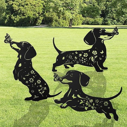 Romart Dachshund Decorative Garden Stakes, 3 Pcs Wiener Dog Gifts Metal Garden Stakes for Women Men, Dachshund Butterfly Flower Outdoor Yard Art Lawn Decor