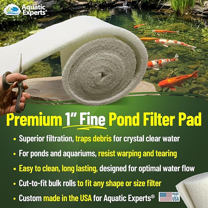 Classic Koi Pond Filter Pad FINE - White Bulk Roll Pond Filter Media, Ultra-Durable Pond Filters for Outdoor Ponds, Reusable Fish Pond Filter Material, USA, Aquatic Experts (3/4" - 1" x 24" x 56")