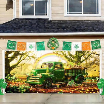 St Patricks Day Garage Door Banner 157.5x70.9in Large Garage Door Cover Outdoor Decorations Green Truck Shamrock Holiday Backdrop with 8 Grommets & 393.7in Rope