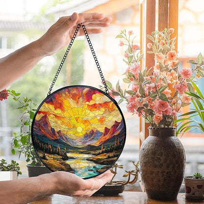 Mountain Sunset Landscape Suncatcher Stained Glass Window Hanging, Nature Landscape Sun Catchers Indoor Window Glass Wall Art Decor, Mountain Wall Hanging Decor Decorations, 7.9x7.9 Inch
