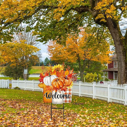 JarThenaAMCS Thanksgiving Pumpkin Metal Garden Stakes Autumn Sunflower Pumpkin Vase Decorative Lawn Sign Fall Welcome Yard Sign for Home Outside Lawn Porch Decor