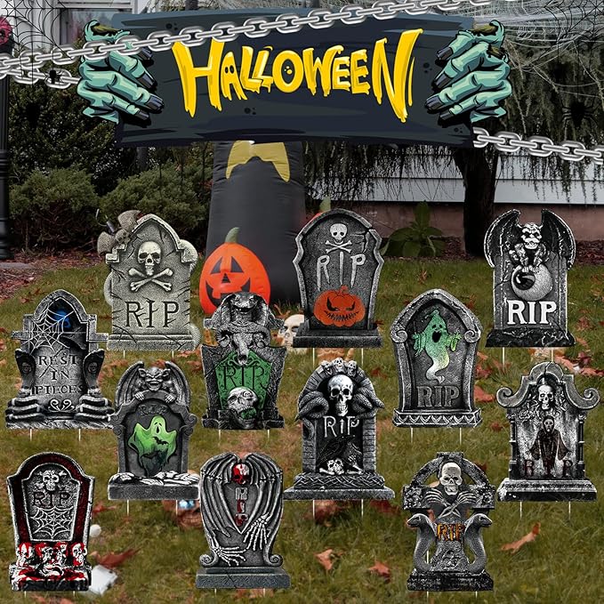 Soaoo 12 Pack 15" Halloween Graveyard Tombstone Yard Sign Halloween Decorations Outdoor Gravestone Headstone Decorations with Lawn Stakes Metal Stakes for Lawn Yard Outdoor Garden Haunted House Decor