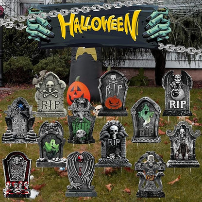 Soaoo 12 Pack 15" Halloween Graveyard Tombstone Yard Sign Halloween Decorations Outdoor Gravestone Headstone Decorations with Lawn Stakes Metal Stakes for Lawn Yard Outdoor Garden Haunted House Decor