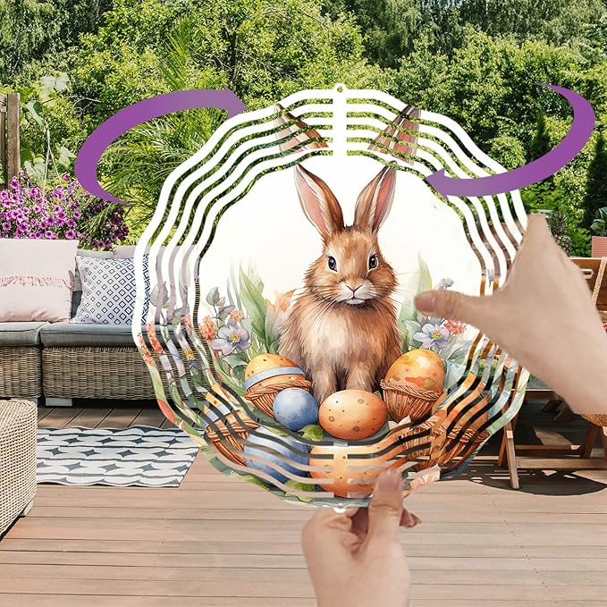Easter Bunny Wind Spinner Easter Day Gifts 3D Metal Kinetic Hanging Wind Sculpture Spinners for Yard and Garden Indoor Outdoor Window Easter Rabbit Yard Art Garden Decoration 8 Inch (Bunny 5)