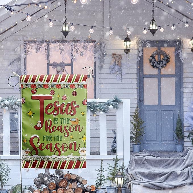 Jesus is the Reason House Flag Christian Christmas Flags 28x40 Double Sided Religious Garden Flag for Outside Large Nativity Flag Outdoor Xmas Winter Decorative Banner