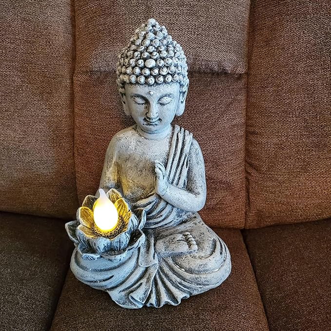 Solar Buddha Statue - Outdoor Zen Sculpture With Flickering LED Lotus Light - Waterproof Garden Decor Gift - 11.81 Inch