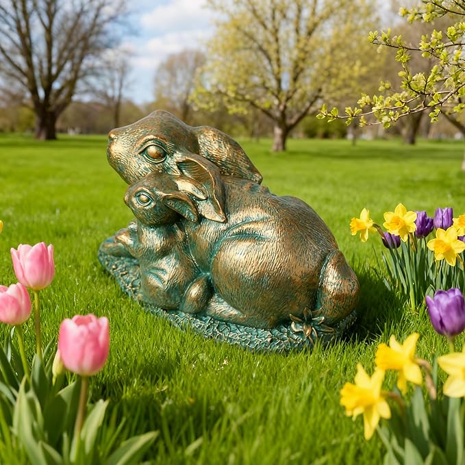 Rabbit Garden Outdoor Statue Resin Easter Bunny Statues for Home, Living Room Decoration, Garden Decor,Verdigris Gold