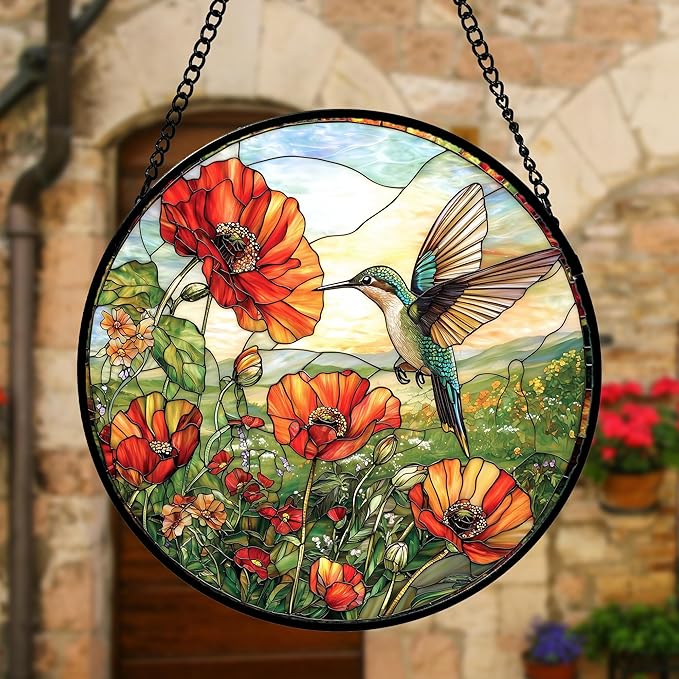 DASTOLL Stained Glass Window Hanging, Hummingbirds Orange Flowers Suncatcher Diamond Glass Panel Hangings Sun Catchers Decor for Birthday for Women, Men, Wife, Aunt, and Mom 9.8 in