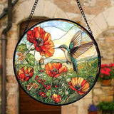 DASTOLL Stained Glass Window Hanging, Hummingbirds Orange Flowers Suncatcher Diamond Glass Panel Hangings Sun Catchers Decor for Birthday for Women, Men, Wife, Aunt, and Mom 11.8 in