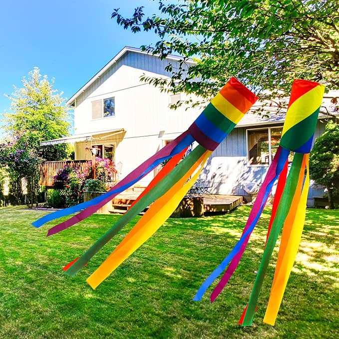 timecity 2PCS Rainbow Windsock Heavy Duty 40 Inches Garden Stripes Wind Socks Banner Flag Outdoor Hanging Decor for Wall Tree Front Patio Lawn Garden Decor