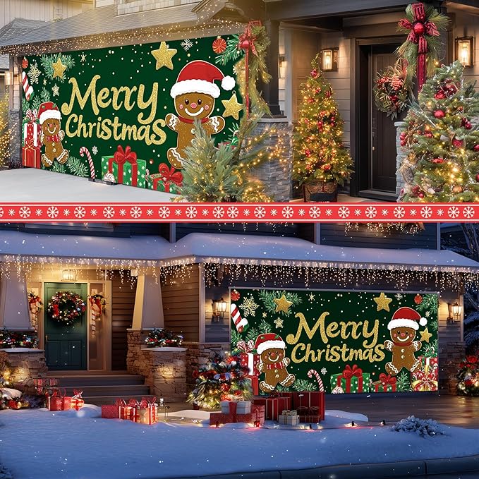 IVN Merry Christmas Garage Door Banner 13x6ft Festive Backdrop Gingerbread Cookie Gifts Green Photo Prop Background for Joyful Holiday Yard Door Cover Background Outdoor Winter Scene