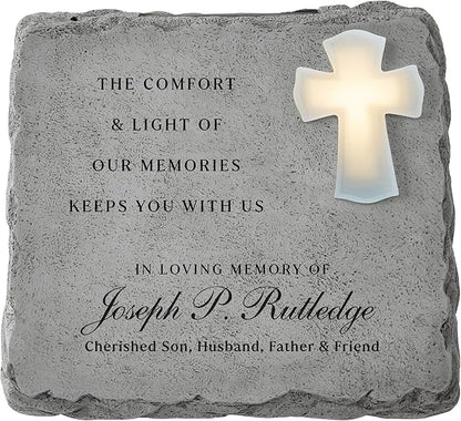 Let's Make Memories Personalized Memorial Garden Stone - Engraved Sympathy Garden Marker - Condolences - Solar Cross - Comfort and Light
