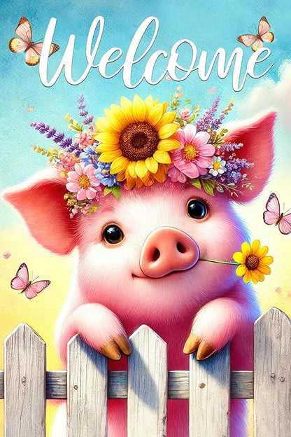 BlissYard Spring Welcome Garden Flag 12x18 Inches Double Sided Cute Pig Yard Flags Sunflower Crown Fence for Outside Decor Home Farmhouse Holiday Summer Decorations